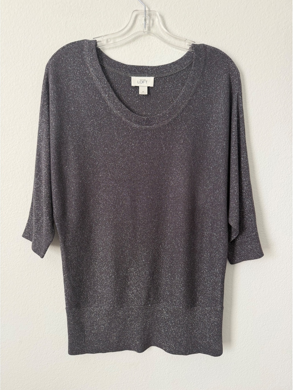 Ann Taylor Dolman 3/4 Sleeve Scoop Neck Gray/Silver Shimmer Sweater Size M